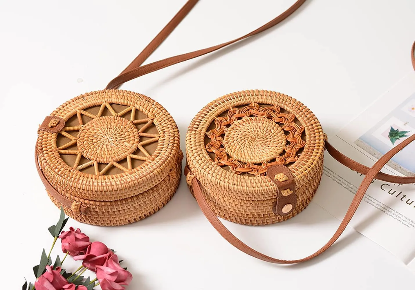 Handwoven Round Rattan Bag Shoulders Natural Chic Hand Tropical Beach Style Woven with Leather Strap