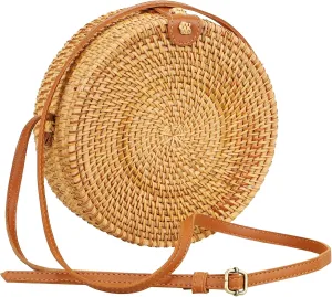Handwoven Round Rattan Purse for Women, Adjustable Leather Shoulder Strap, Boho Straw Beach Bag, Lightweight & Durable for Travel, Wedding, Vacation