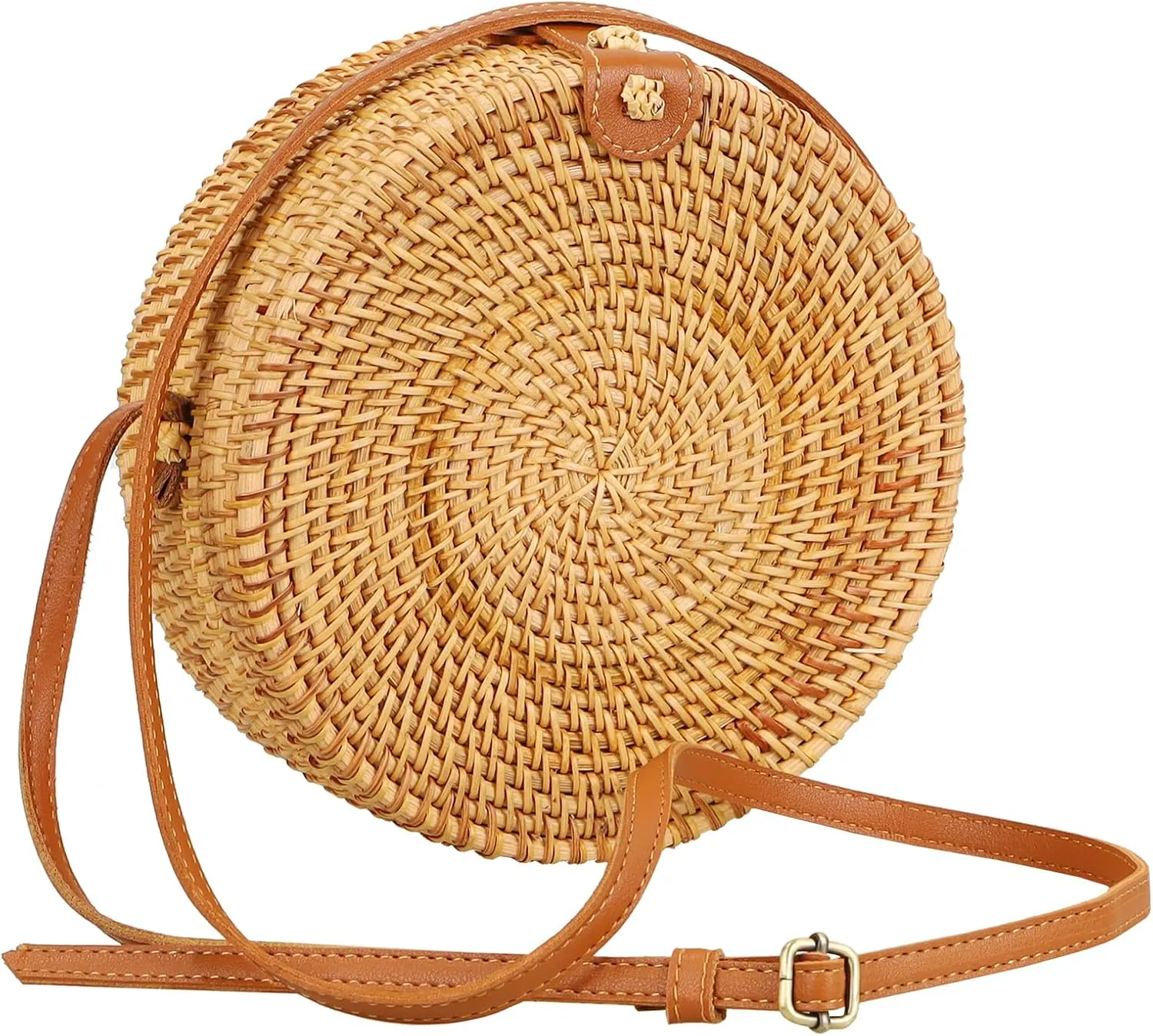 Handwoven Round Rattan Purse for Women, Adjustable Leather Shoulder Strap, Boho Straw Beach Bag, Lightweight & Durable for Travel, Wedding, Vacation