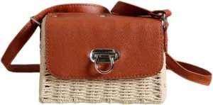 Handwoven Square Rattan Bag for Women Straw Crossbody Purse Leather Strap Handbag Shoulderbag Natural and Chic