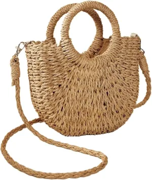 Handwoven Straw Rattan Half-Moon Beach Handbag Large Capacity Hollow Out Crossbody Shoulder Bag