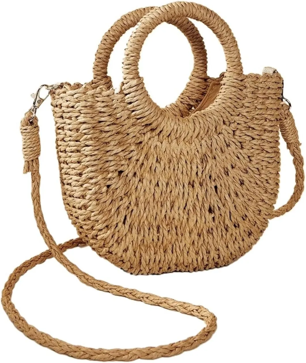 Handwoven Straw Rattan Half-Moon Beach Handbag Large Capacity Hollow Out Crossbody Shoulder Bag