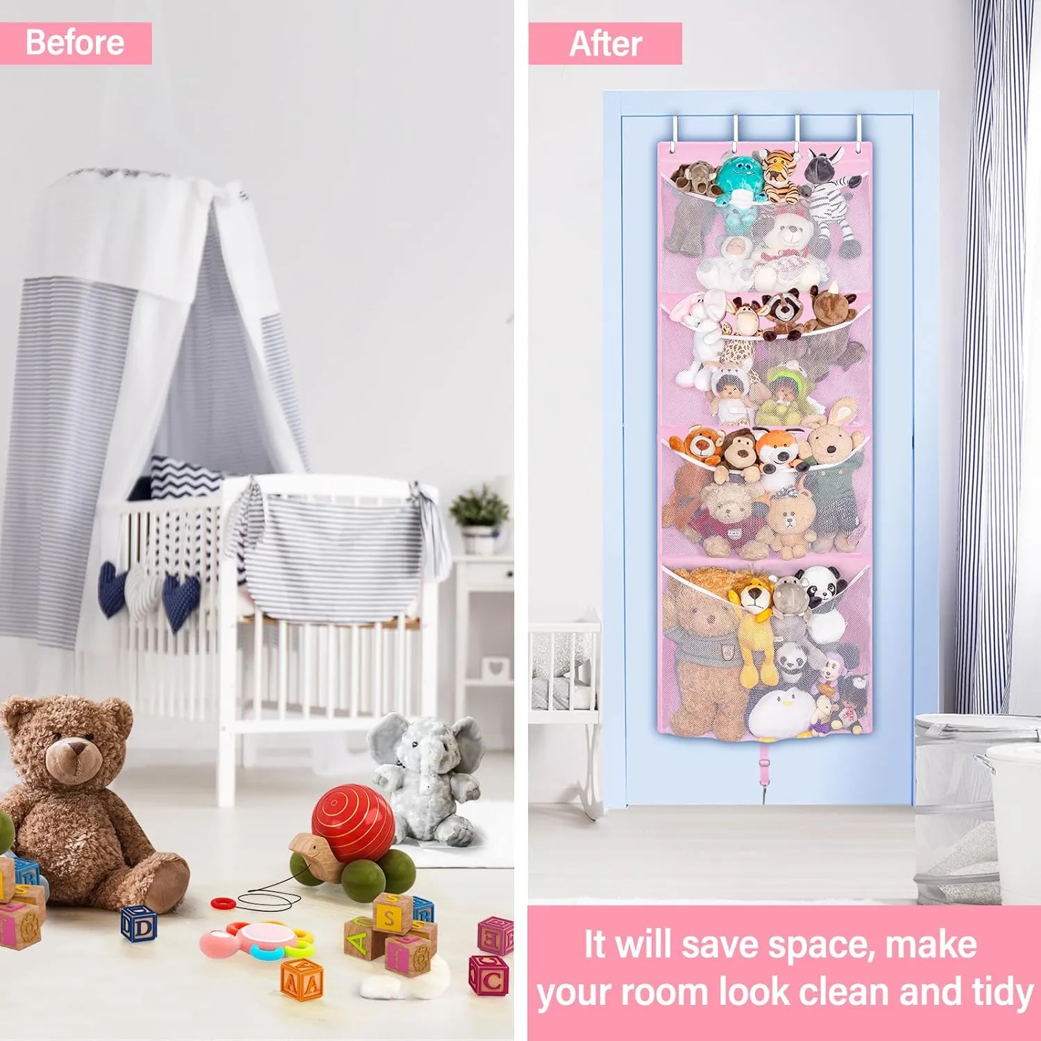 Hanging Stuffed Animal Storage, Over Door Large Plush Toy Organizer with Metal Hook, Baby Accessory Holder Idea for Nursery, Doll & Bear Mesh Hammock Bag for Girl Boy Kid Room