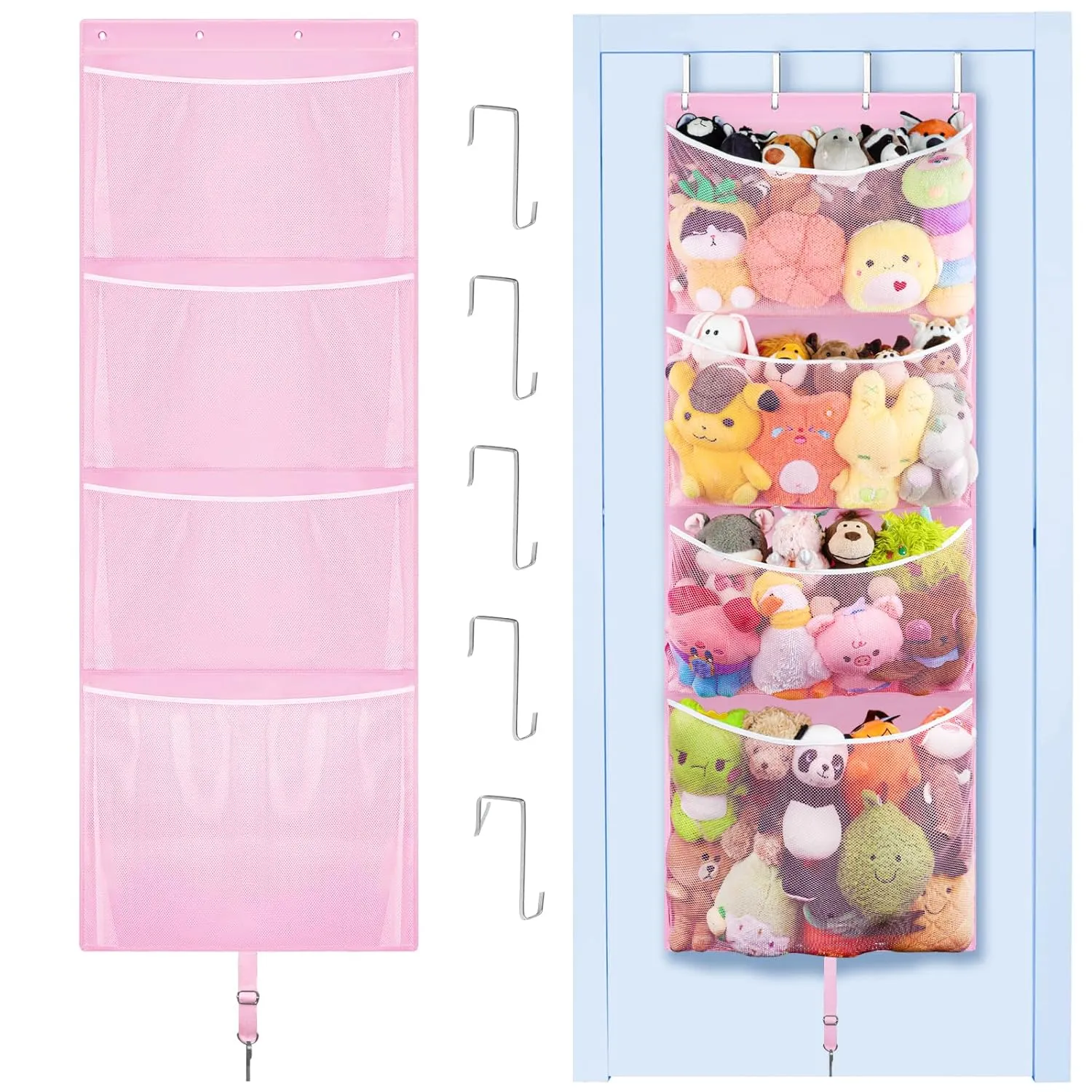 Hanging Stuffed Animal Storage, Over Door Large Plush Toy Organizer with Metal Hook, Baby Accessory Holder Idea for Nursery, Doll & Bear Mesh Hammock Bag for Girl Boy Kid Room