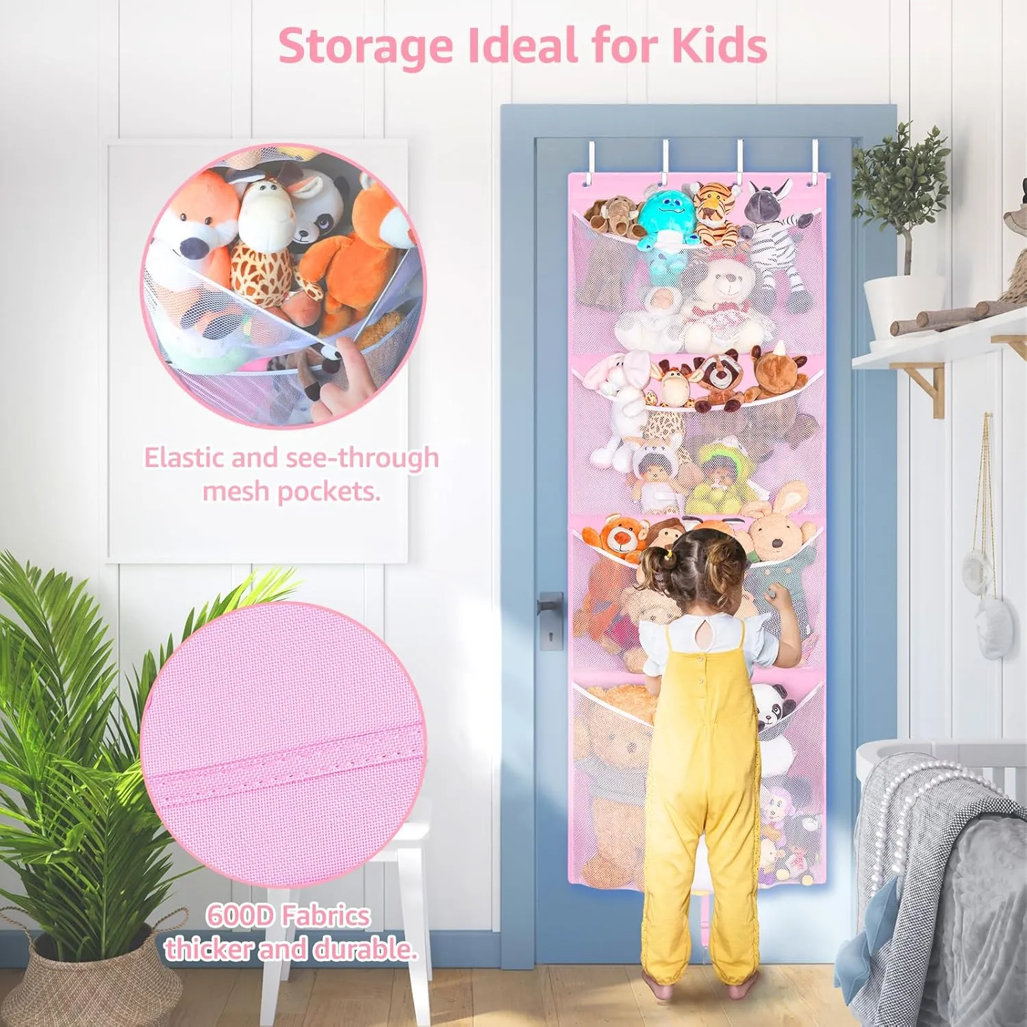 Hanging Stuffed Animal Storage, Over Door Large Plush Toy Organizer with Metal Hook, Baby Accessory Holder Idea for Nursery, Doll & Bear Mesh Hammock Bag for Girl Boy Kid Room