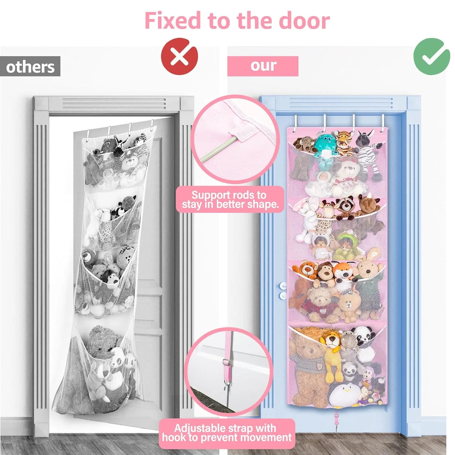 Hanging Stuffed Animal Storage, Over Door Large Plush Toy Organizer with Metal Hook, Baby Accessory Holder Idea for Nursery, Doll & Bear Mesh Hammock Bag for Girl Boy Kid Room