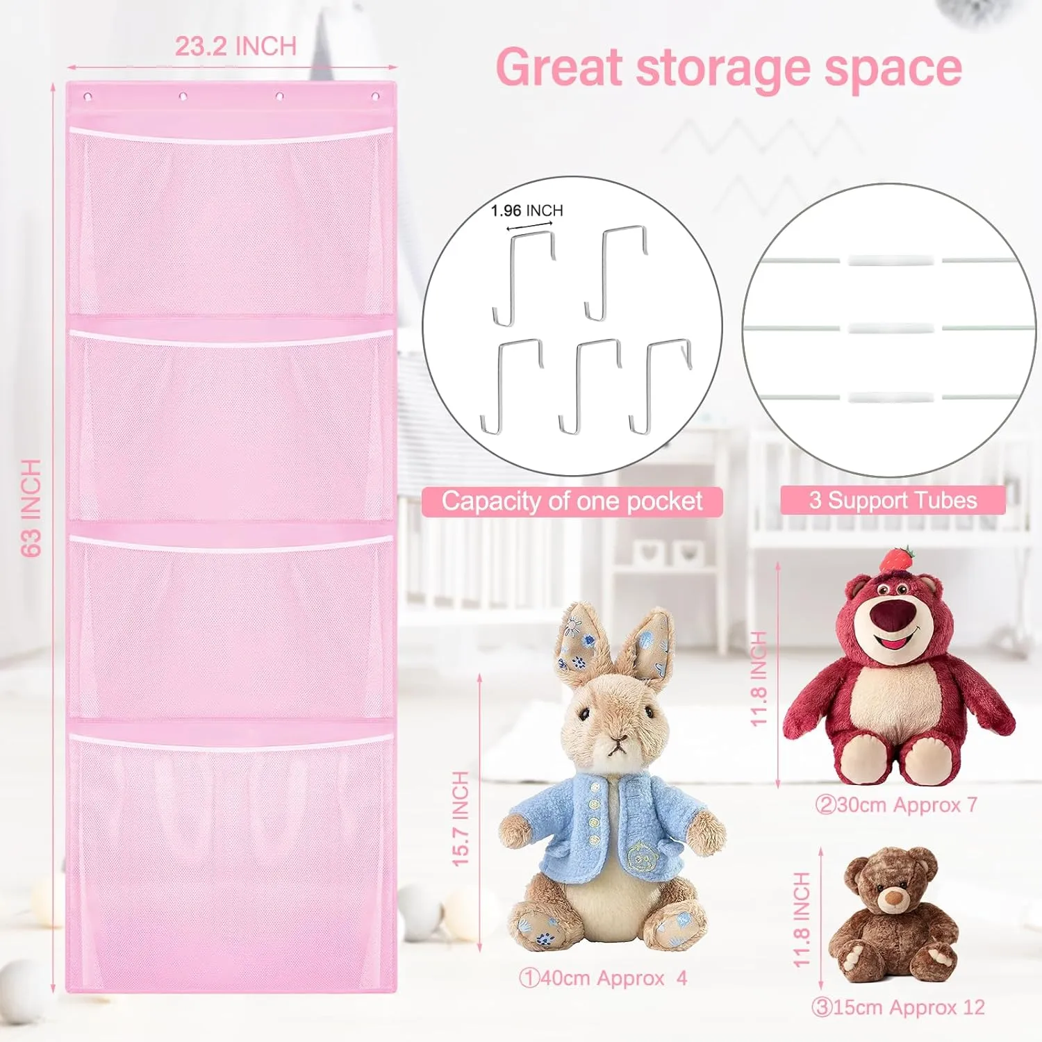 Hanging Stuffed Animal Storage, Over Door Large Plush Toy Organizer with Metal Hook, Baby Accessory Holder Idea for Nursery, Doll & Bear Mesh Hammock Bag for Girl Boy Kid Room
