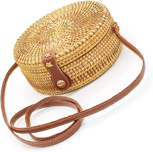 Happy Lily Women Round Woven Rattan Bag, Circle Tropical Beach Crossbody Handbag