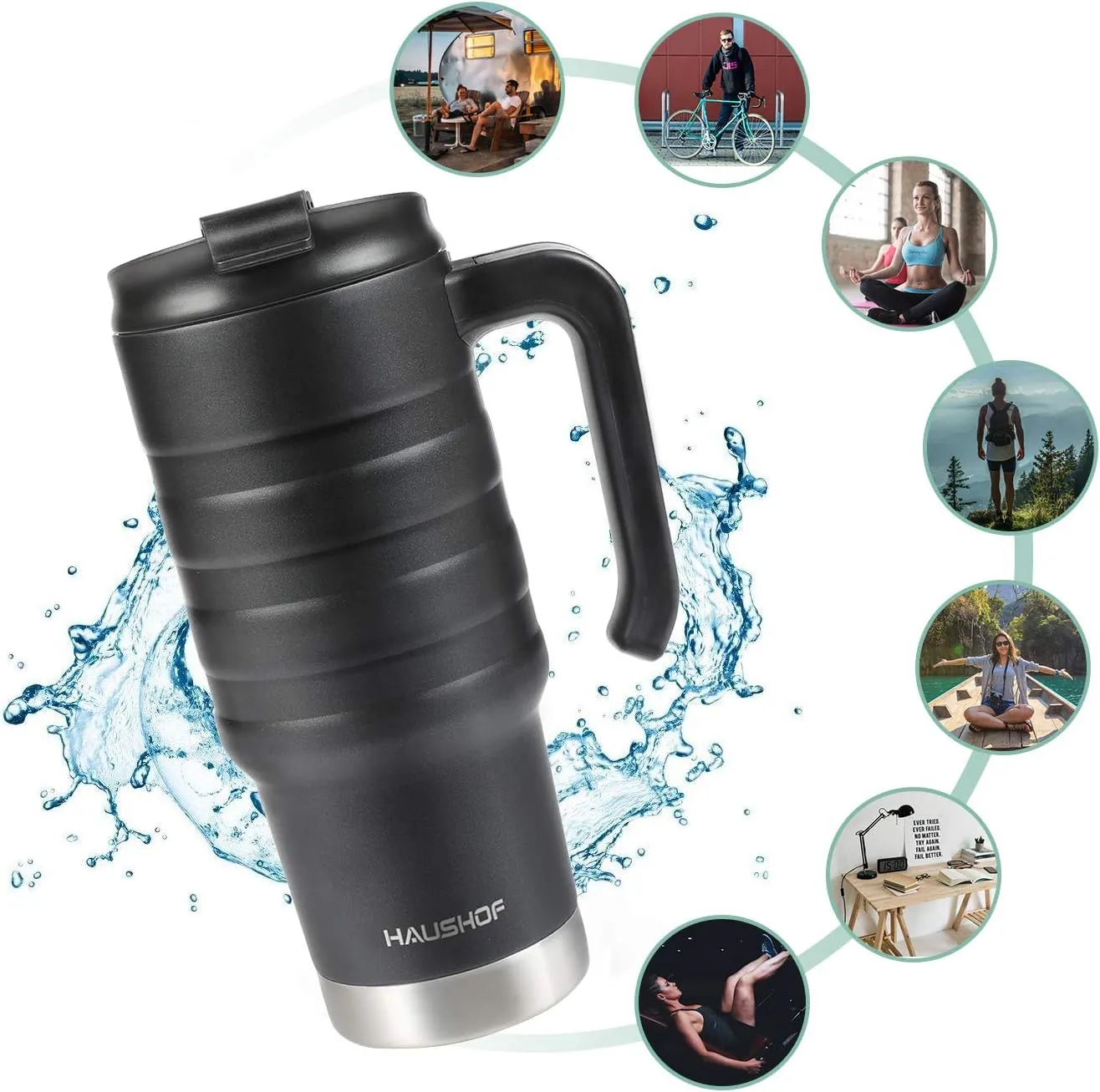 HAUSHOF 24 oz Travel Mug, Stainless Double Wall Vacuum Insulated Tumbler with Handle & Spill Proof Twist On Flip Lid and Wide Mouth, BPA Free