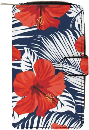 Hawaiian Hibiscus Flowers Womens Wallet Leather Card Holder Purse RFID Blocking Bifold Clutch Handbag with Zipper Pocket 19.7x11x3.5cm
