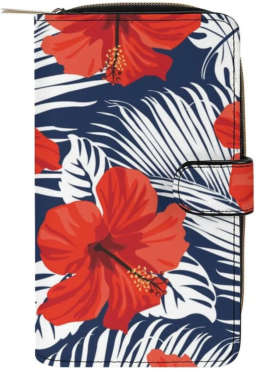 Hawaiian Hibiscus Flowers Womens Wallet Leather Card Holder Purse RFID Blocking Bifold Clutch Handbag with Zipper Pocket 19.7x11x3.5cm