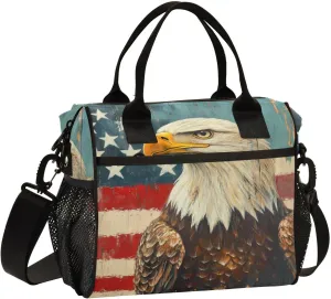 Hawk American Flag Large Lunch Box for Men Women Adults Insulated Lunch Bag Cooler Bag with Adjustable Shoulder Strap for Work Picnic Travel