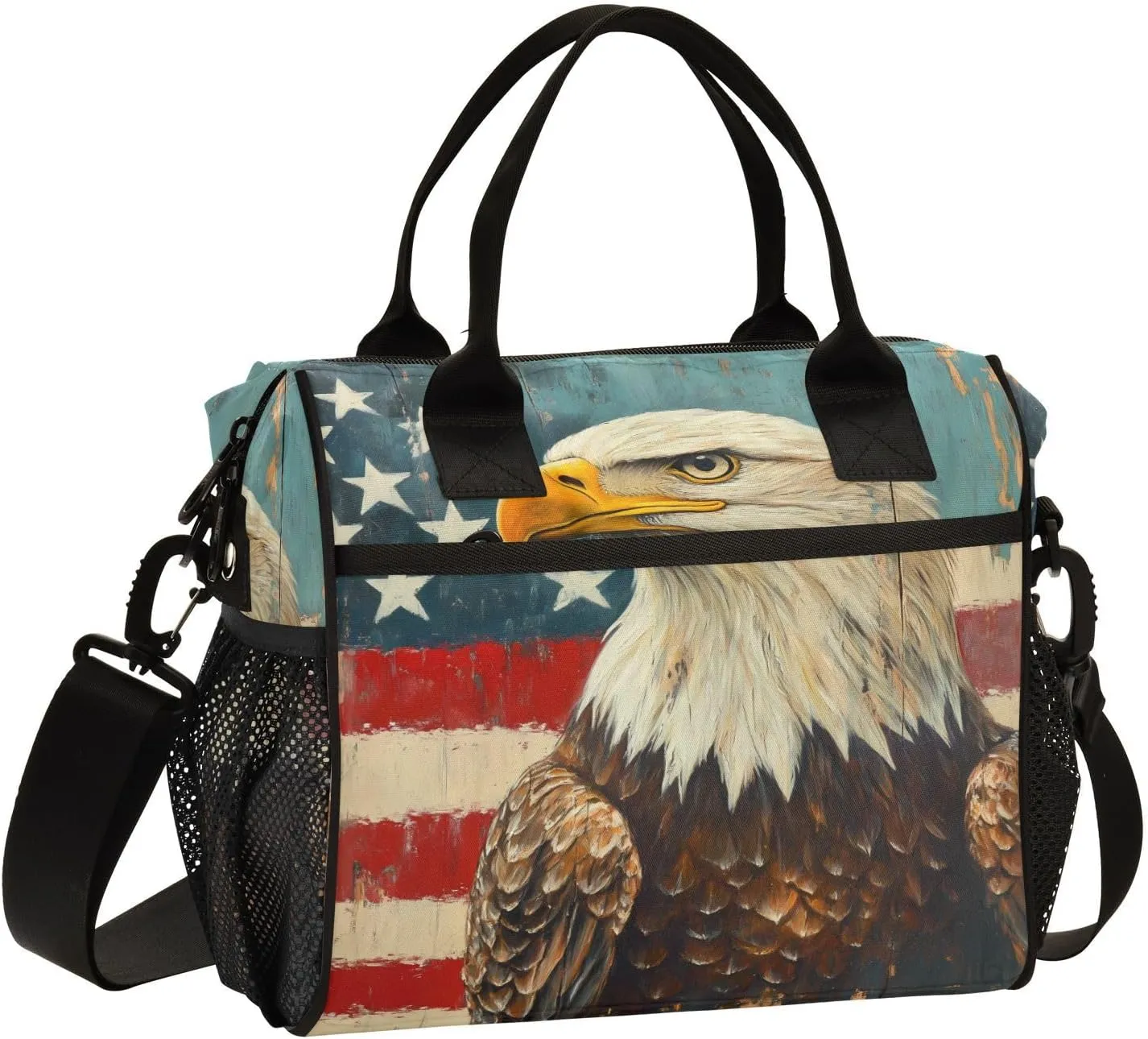 Hawk American Flag Large Lunch Box for Men Women Adults Insulated Lunch Bag Cooler Bag with Adjustable Shoulder Strap for Work Picnic Travel