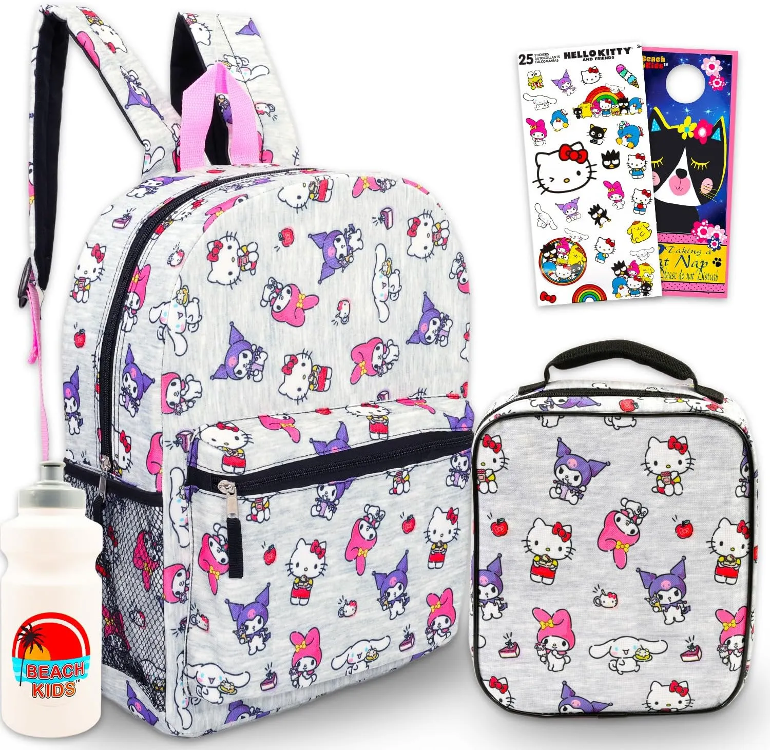 Hello Kitty and Friends Backpack and Lunch Box - Bundle with 16" School Bag & Lunch Bag Featuring Kuromi, My Melody, Cinnamoroll Plus Water Bottle, Stickers | Hello Kitty Backpack with Lunchbox