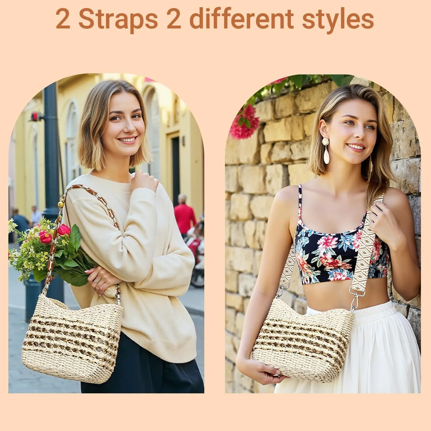 Herald Small Handmade Straw Pocketbook Crossbody Bag for Women, Summer Chic Woven Handbag Shoulder Purse with Chain