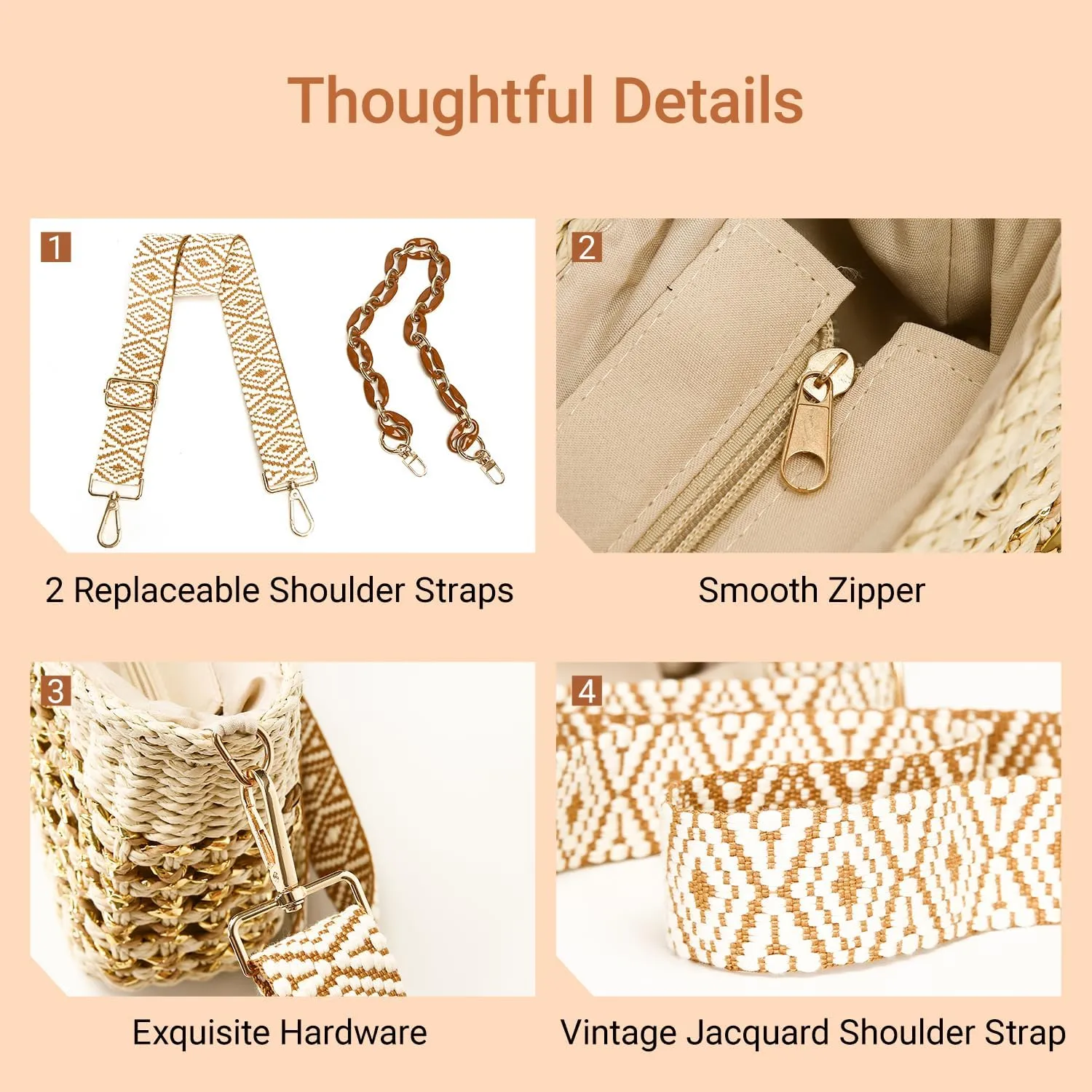 Herald Small Handmade Straw Pocketbook Crossbody Bag for Women, Summer Chic Woven Handbag Shoulder Purse with Chain