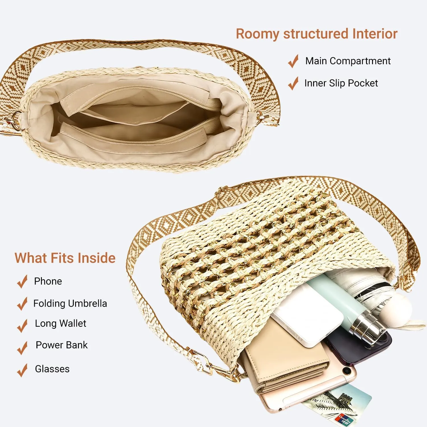 Herald Small Handmade Straw Pocketbook Crossbody Bag for Women, Summer Chic Woven Handbag Shoulder Purse with Chain