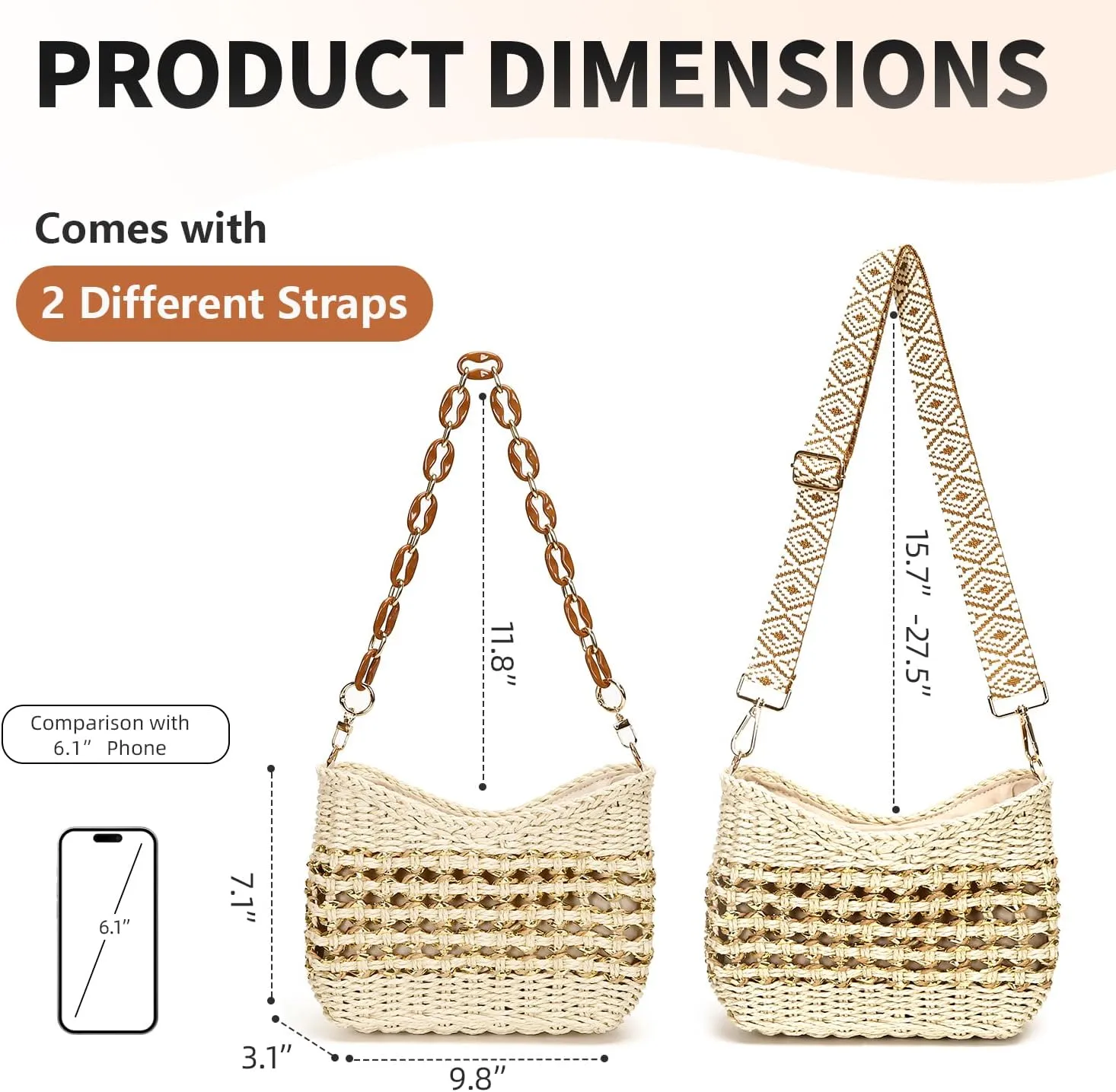 Herald Small Handmade Straw Pocketbook Crossbody Bag for Women, Summer Chic Woven Handbag Shoulder Purse with Chain