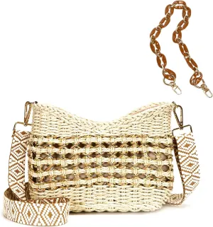 Herald Small Handmade Straw Pocketbook Crossbody Bag for Women, Summer Chic Woven Handbag Shoulder Purse with Chain