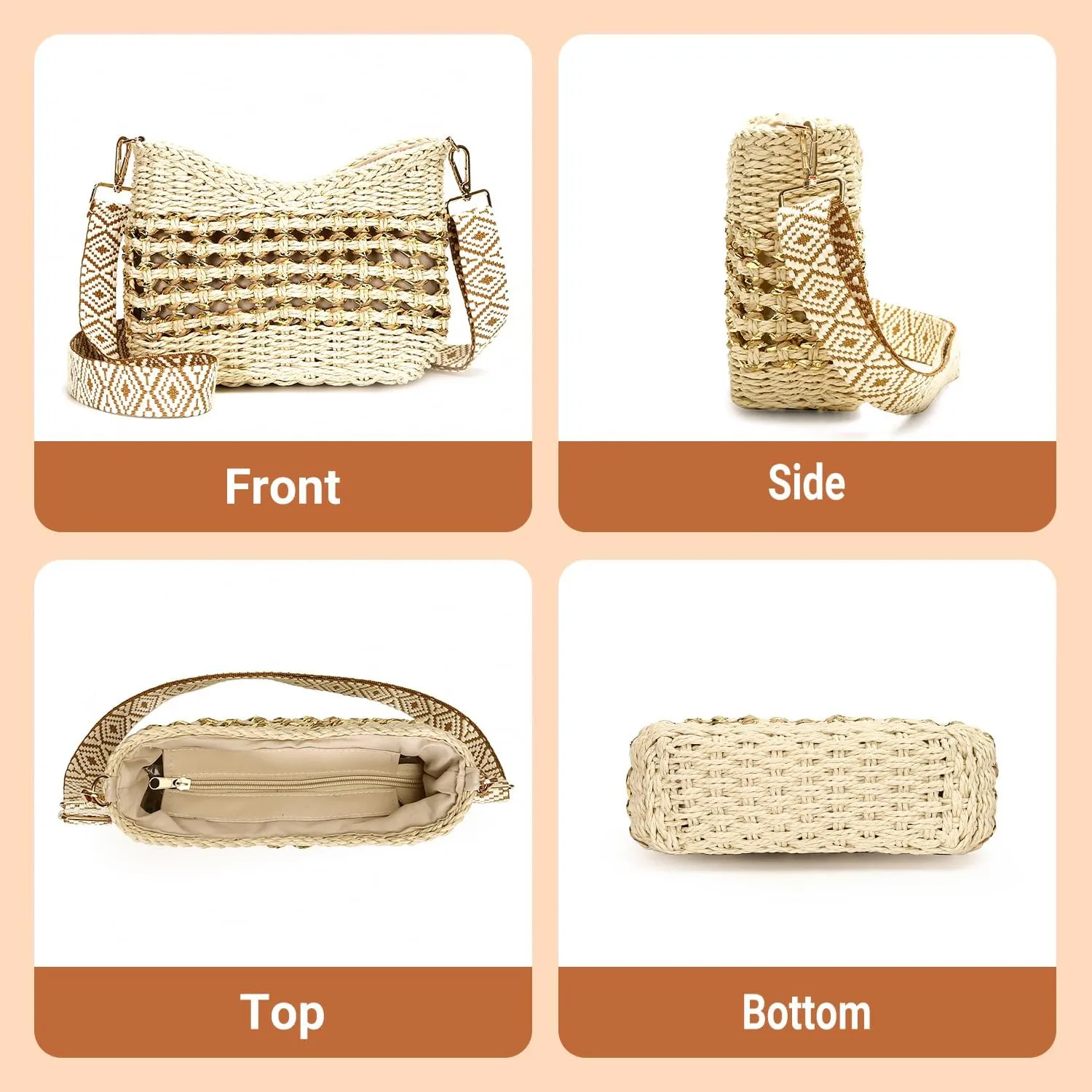 Herald Small Handmade Straw Pocketbook Crossbody Bag for Women, Summer Chic Woven Handbag Shoulder Purse with Chain
