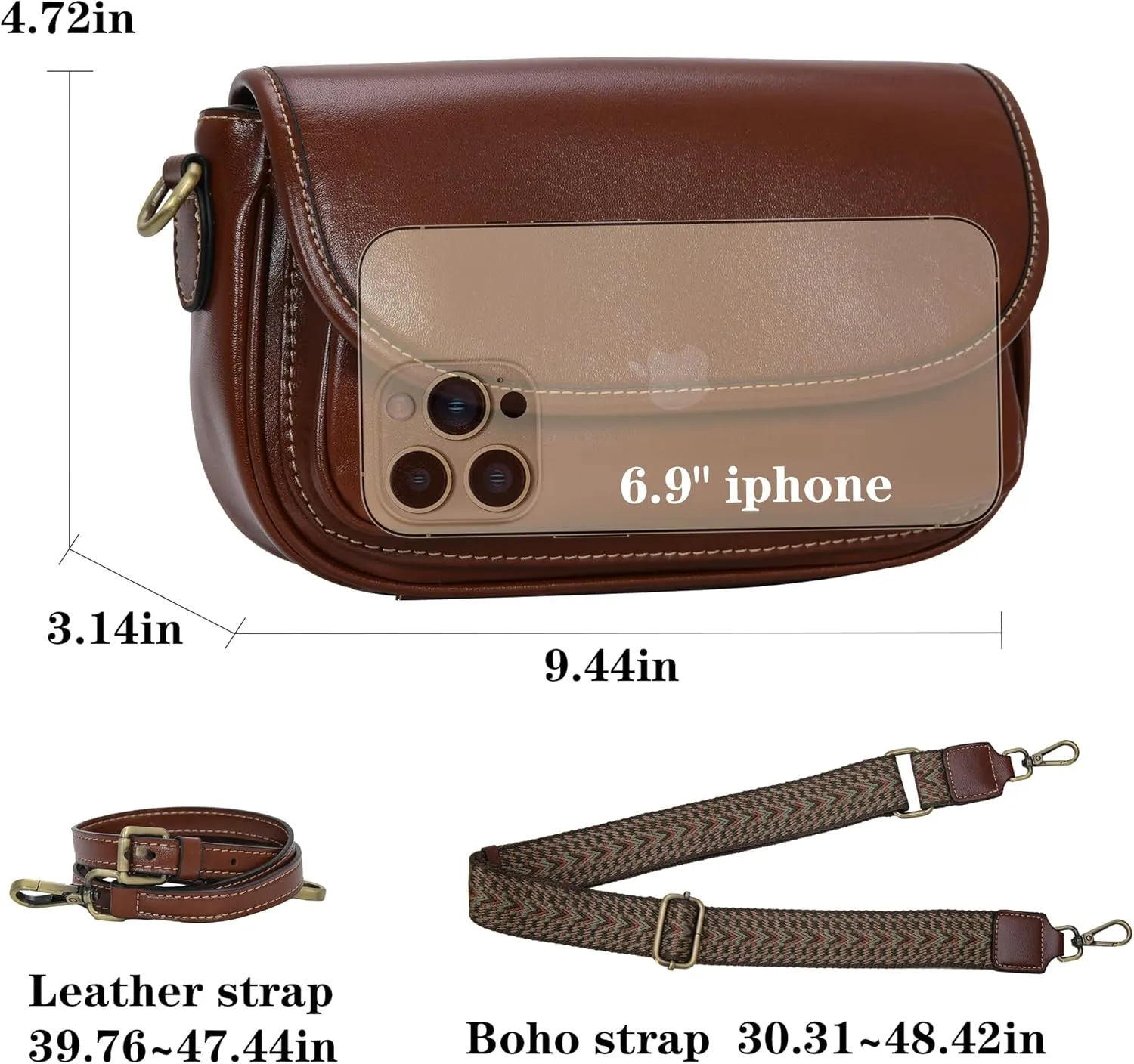 HESHE Leather Crossbody Bags for Women Trendy Shoulder Bag with Guitar Strap Stylish Ladies Purses Satchel Handbags Travel