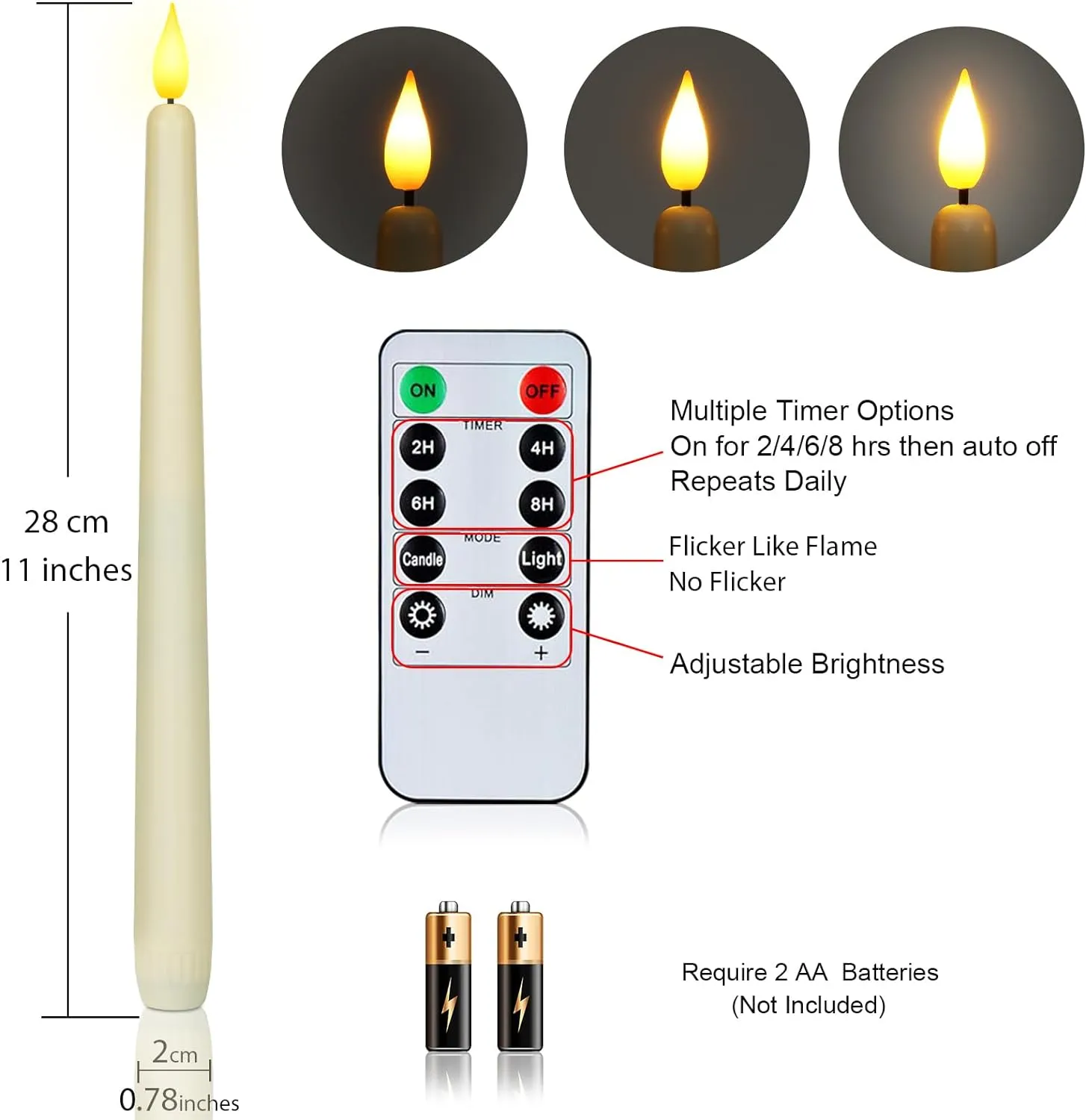 Homemory 12 Pcs Flameless Taper Candles with Remote Timer Dimmer, 11 inches Ivory Taper Candles Battery Operated, Plastic LED Candlesticks with Flickering Flame for Halloween Christmas Church Wedding