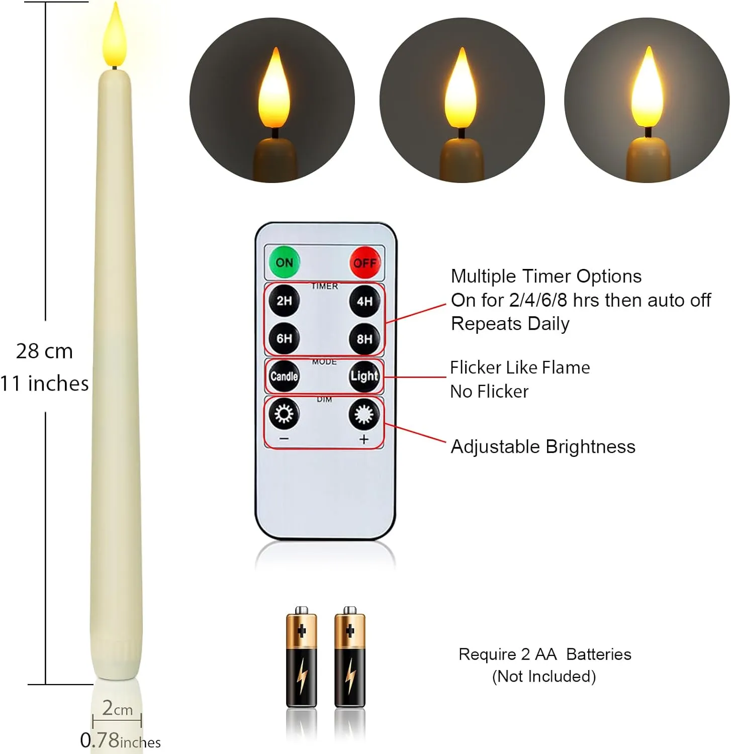 Homemory 24 Pcs Flameless Taper Candles with Remote Timer Dimmer, 11 inches Ivory Candlesticks Battery Operated, Plastic LED Taper Candles with Flickering Flame for Halloween Christmas Church Wedding