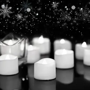 Homemory 48-Pack Cool White Novelty Flickering Flameless Tea Lights, 200 Hours Battery-Operated LED Fake Candles for Wedding Table Centerpieces,Proposal,Anniversary, White Base, Ø1.5'' × H1.3''