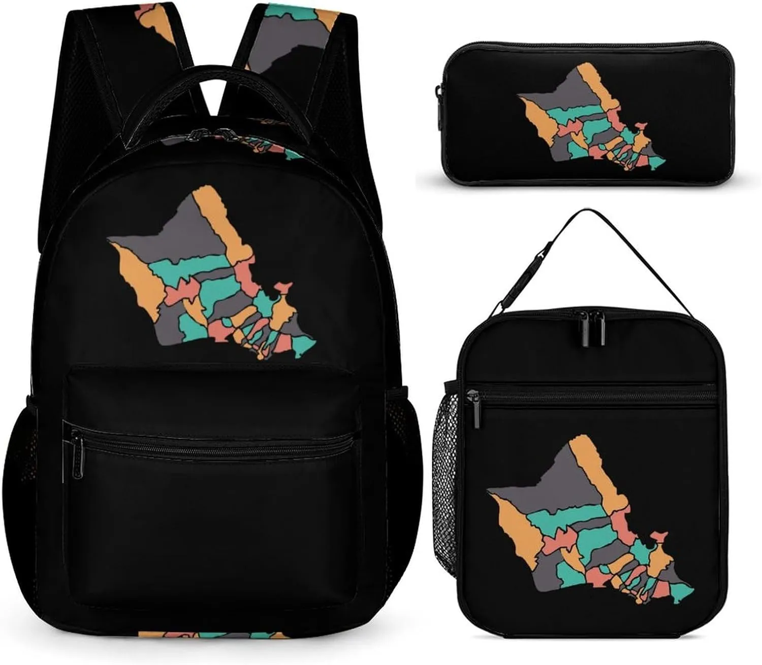 Honolulu Island Map Backpack Set 3 Pieces Laptop Daypack Insulated Lunch Tote Bag Pencil Case for Work Travel