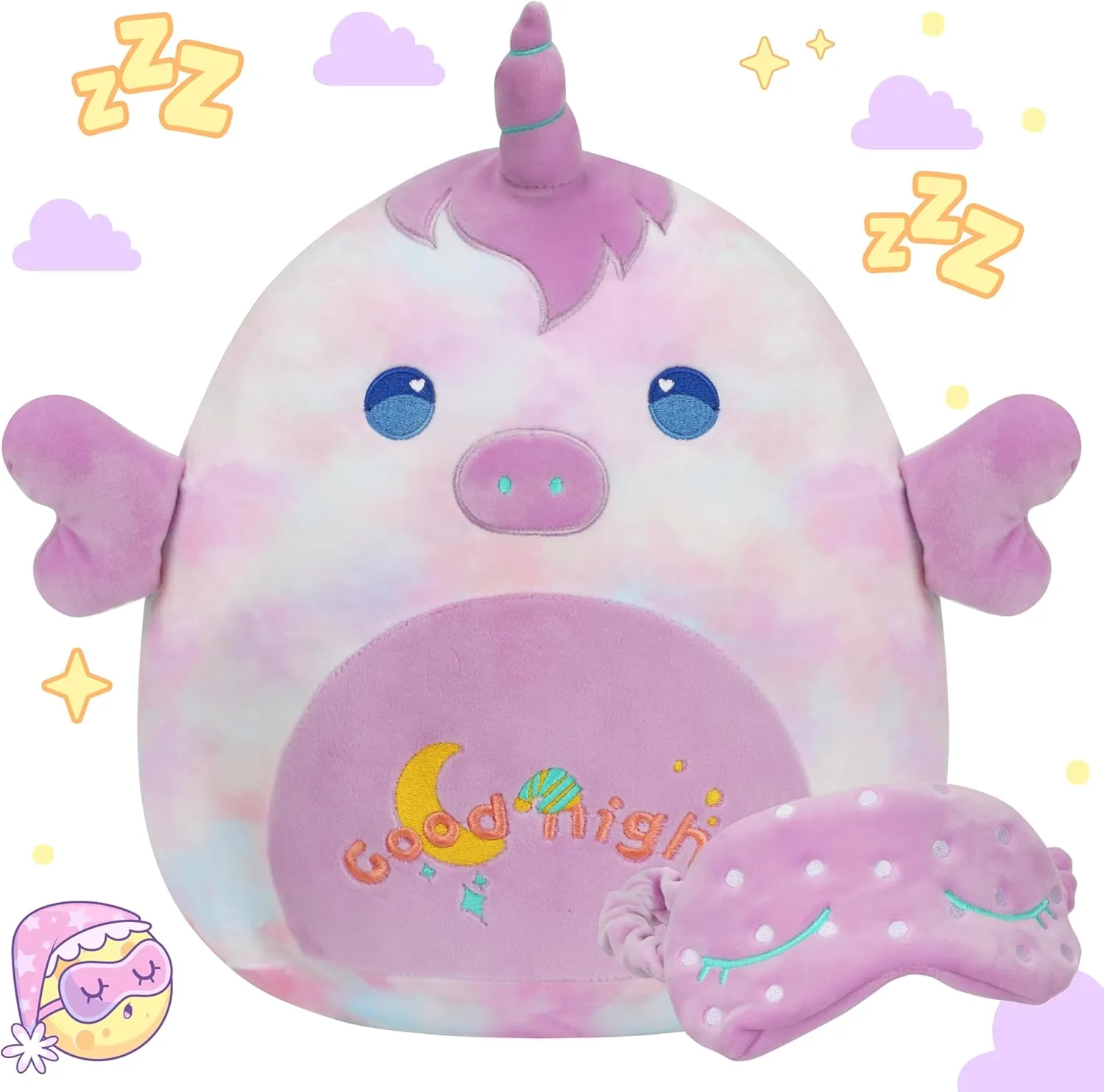 Hopearl 14'' Unicorn Plush Toy, Good Night Stuffed Animal with Eye Patch, Smooth Plushies Pillow, Companion Gift for Kids, Decor