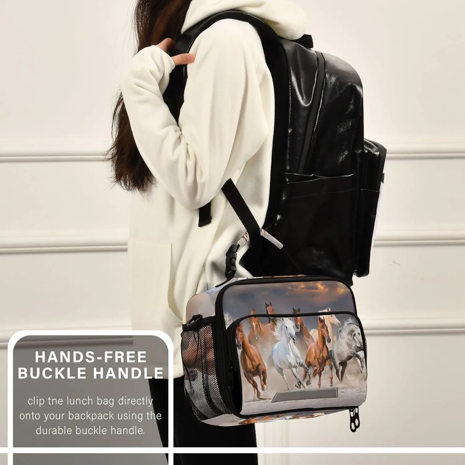 Horse Lunch Box for Girls Boys 3D Animal Horses Insulated Cooler Bag Kids Reusable Lunch Bags for School Lunchbox Tote Bag Adjustable Shoulder Bag Work Picnic