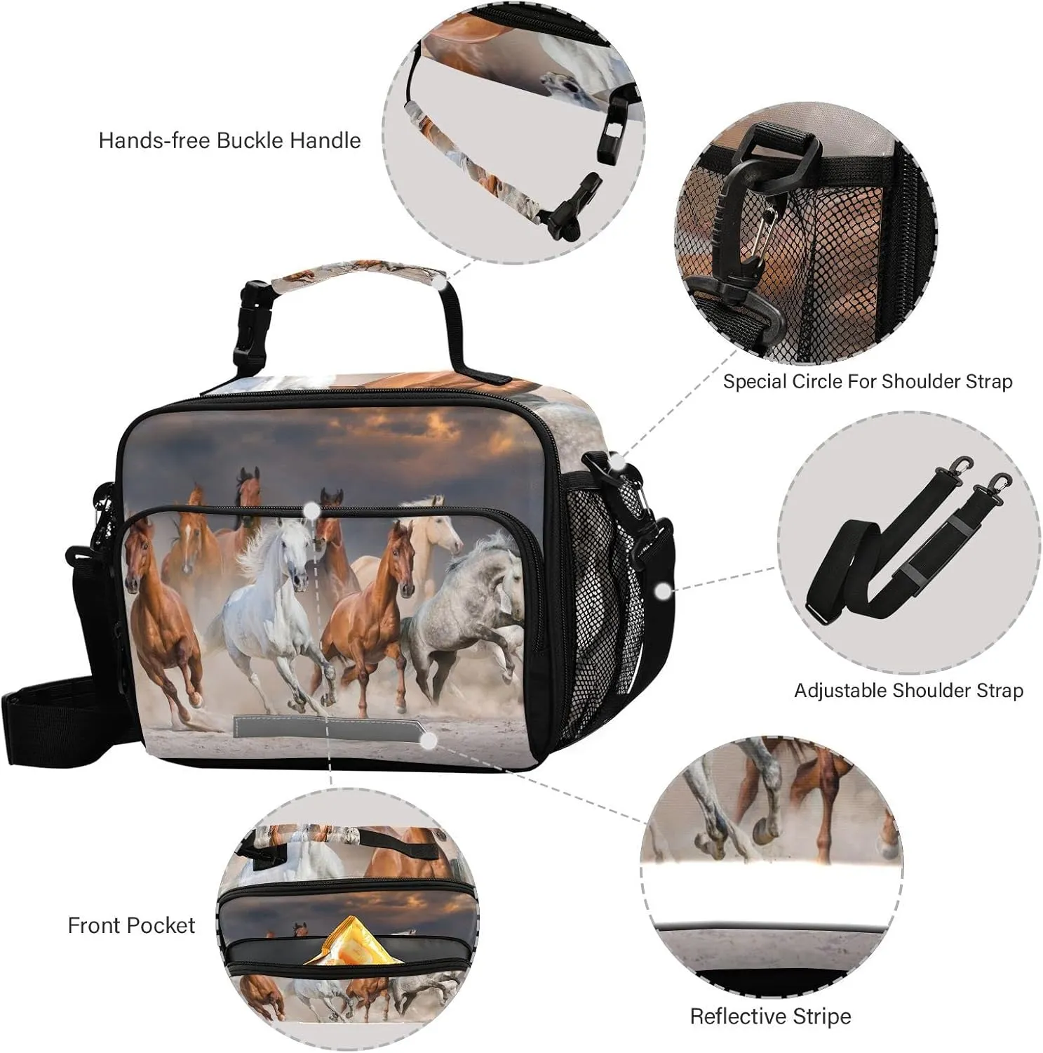 Horse Lunch Box for Girls Boys 3D Animal Horses Insulated Cooler Bag Kids Reusable Lunch Bags for School Lunchbox Tote Bag Adjustable Shoulder Bag Work Picnic