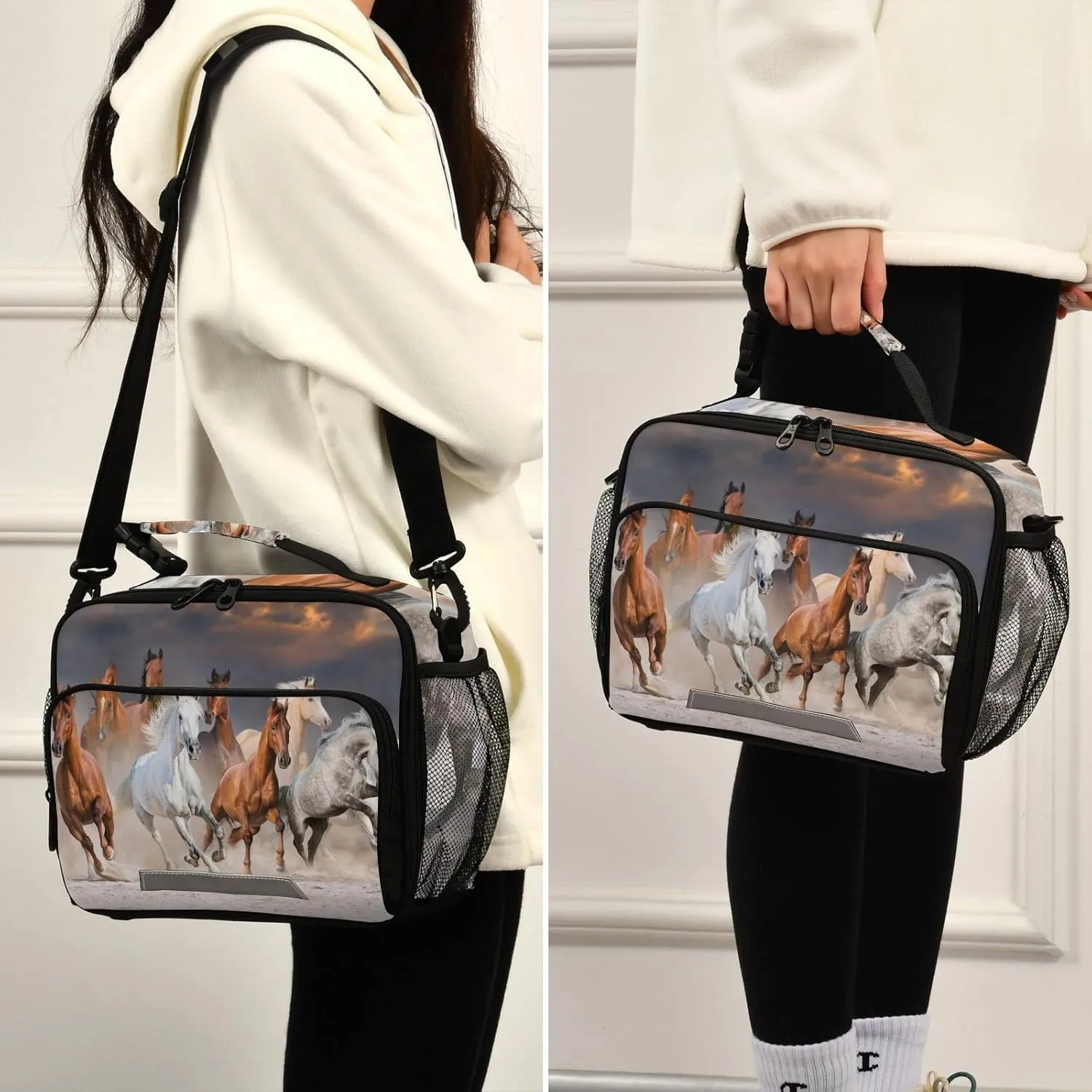 Horse Lunch Box for Girls Boys 3D Animal Horses Insulated Cooler Bag Kids Reusable Lunch Bags for School Lunchbox Tote Bag Adjustable Shoulder Bag Work Picnic
