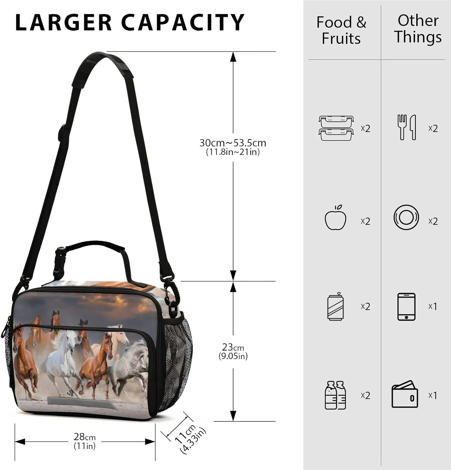 Horse Lunch Box for Girls Boys 3D Animal Horses Insulated Cooler Bag Kids Reusable Lunch Bags for School Lunchbox Tote Bag Adjustable Shoulder Bag Work Picnic