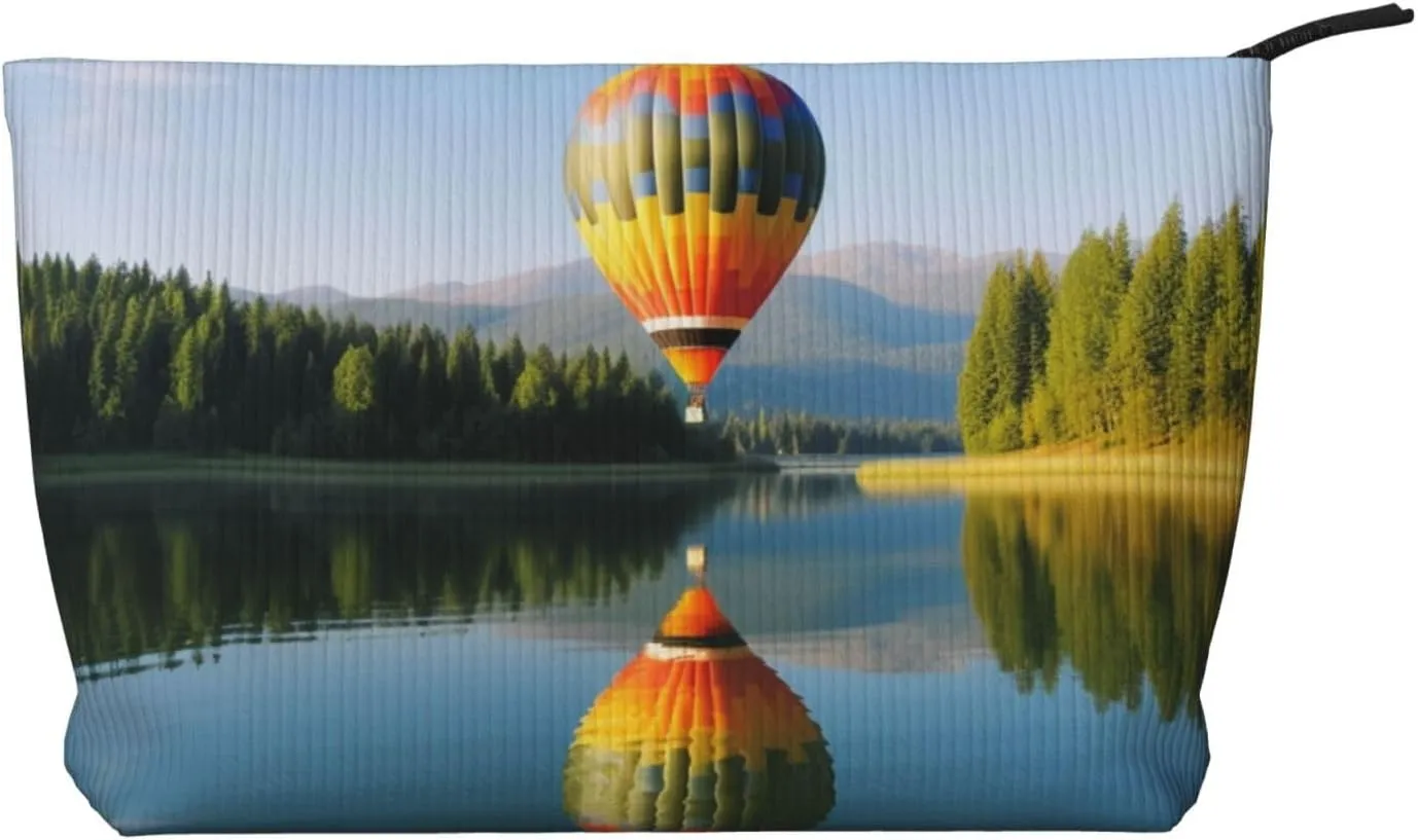 Hot Balloon Above The Calm Lake printed Corduroy Makeup Bag Travel Toiletry Bag Cosmetic Bag Clutch Bag