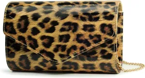 HOXIS Leopard Evening Handbag Women Envelope Clutch Patent Leather Glossy Purse with Shoulder Chain Strap