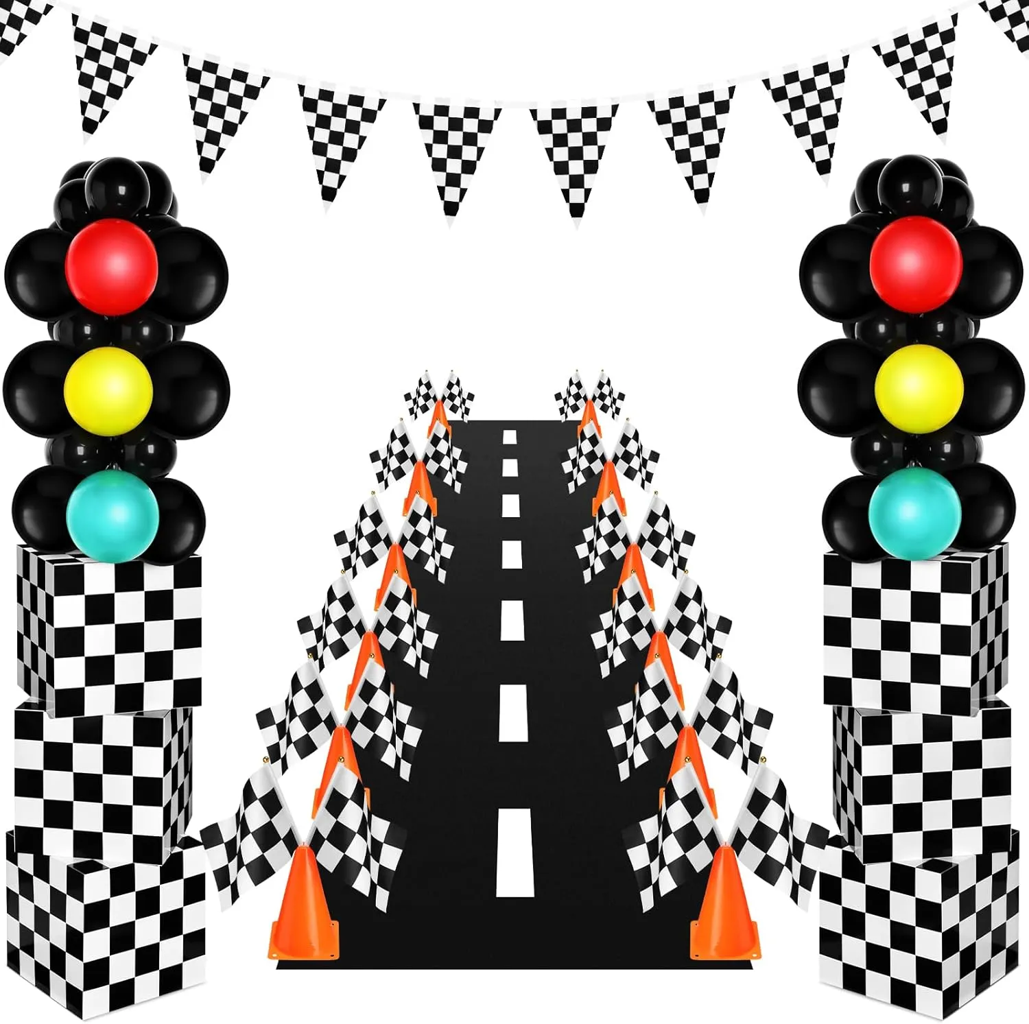 Hungdao 95 Pcs Racing Car Birthday Party Decorations Trunk Or Treat Car Decorations Includes Treat Boxes Traffic Lights Balloon Traffic Cones Racing Flags Grid String Flags Racetrack Floor Runner