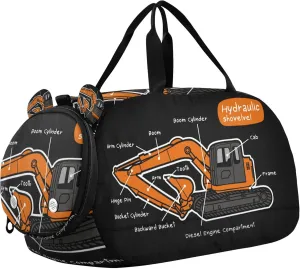 Hydraulic Shovel Excavator Car Sports Duffle Bag for Girls Boys, Gym Bag with Shoe Compartment, Kids Travel Overnight Weekender Shoulder Bag