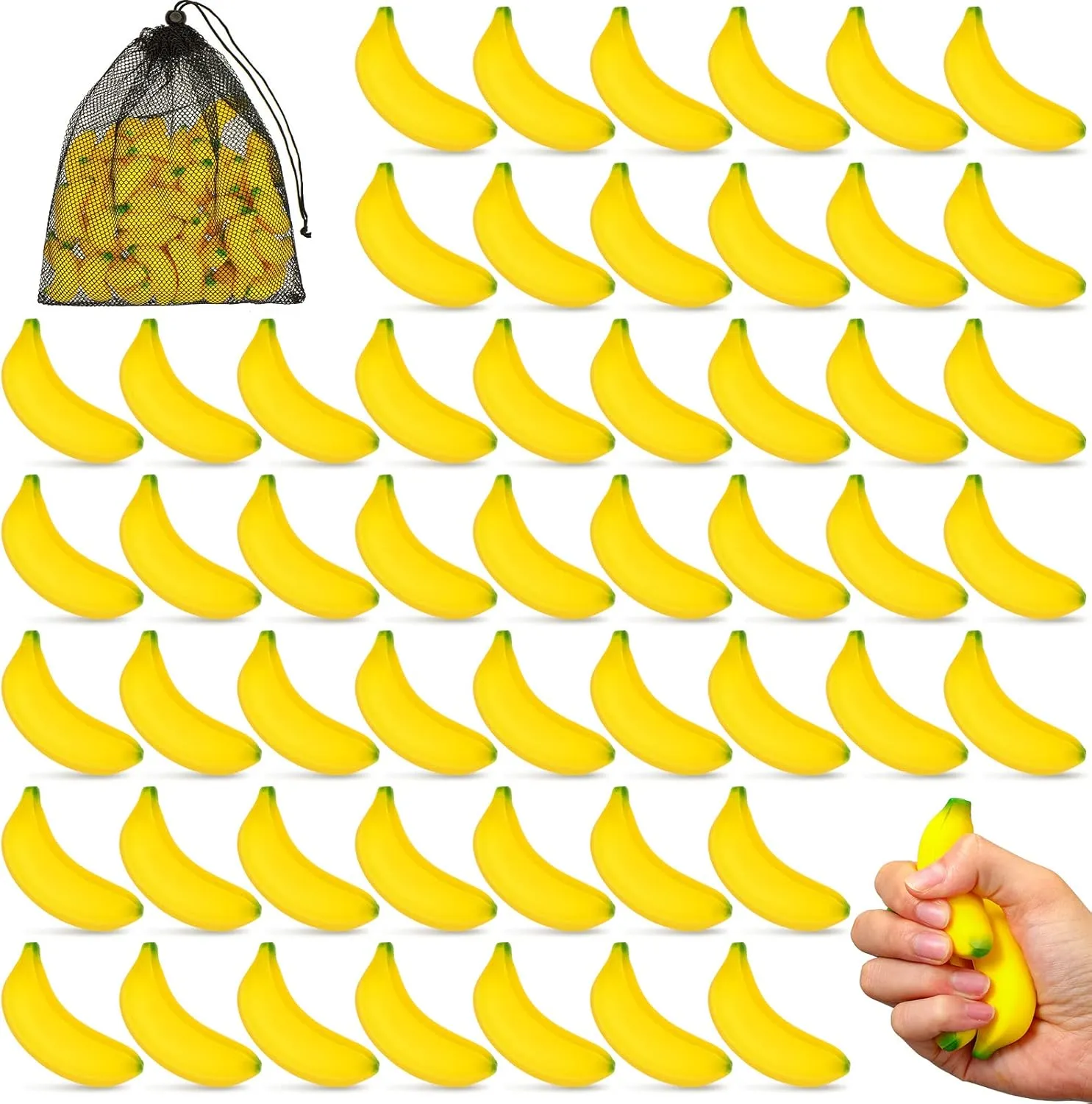 HyDren 50 Pcs Mini Banana Stress Toys Foam Bananas Party Favor Stress Relief Fidget Toy Ball with Storage Bag for Adults Anxiety Relief School Carnival Reward Party Supplies
