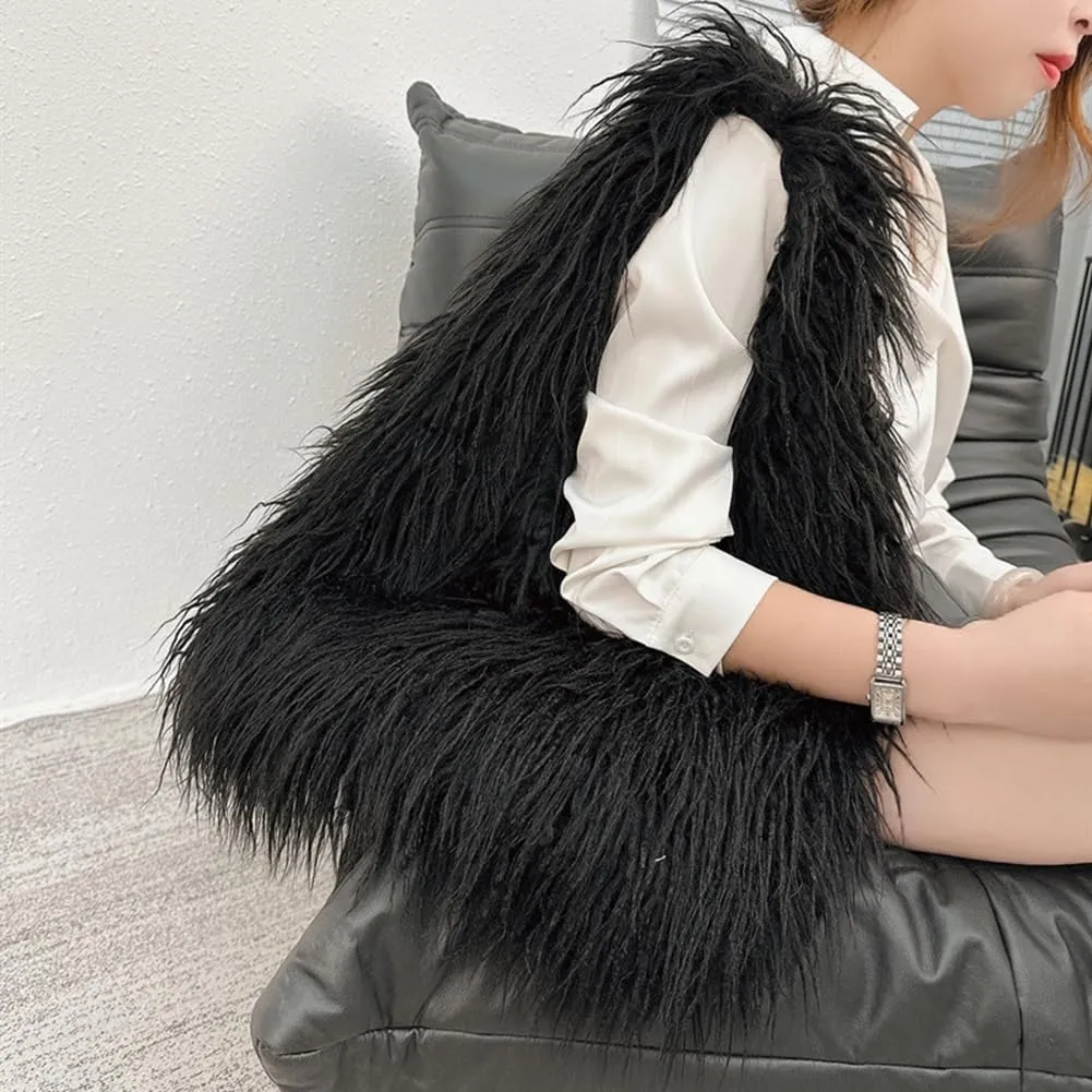 ikasus Women's Fur Bag Cute Fur Purses, Faux Fur Bag Fluffy Tote Bag Winter Shoulder Bag, Black