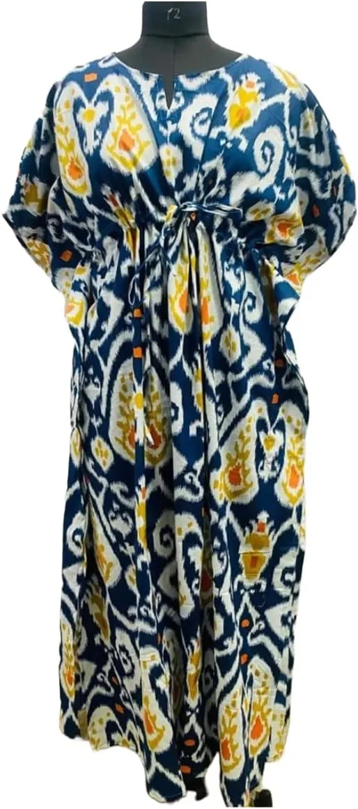INDACORIFIE Indigo Blue Anokhi Block Printed Long Caftan Beach Bikini Cover up Indian Cotton Kaftan Gift for Women's Caftan Polka Dot Print Long Dress