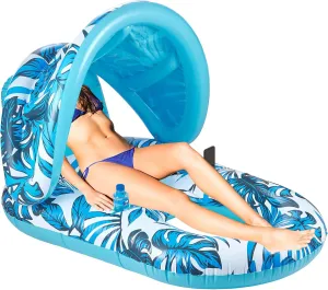 Inflatable Pool Float with Canopy - Comfort Reclining Lounge, Sun Shade & Cup Holders | Portable UV Protection Raft for Summer, Anti-Leak Design Pool Float Lounger for Adults for Travel Beach Pool