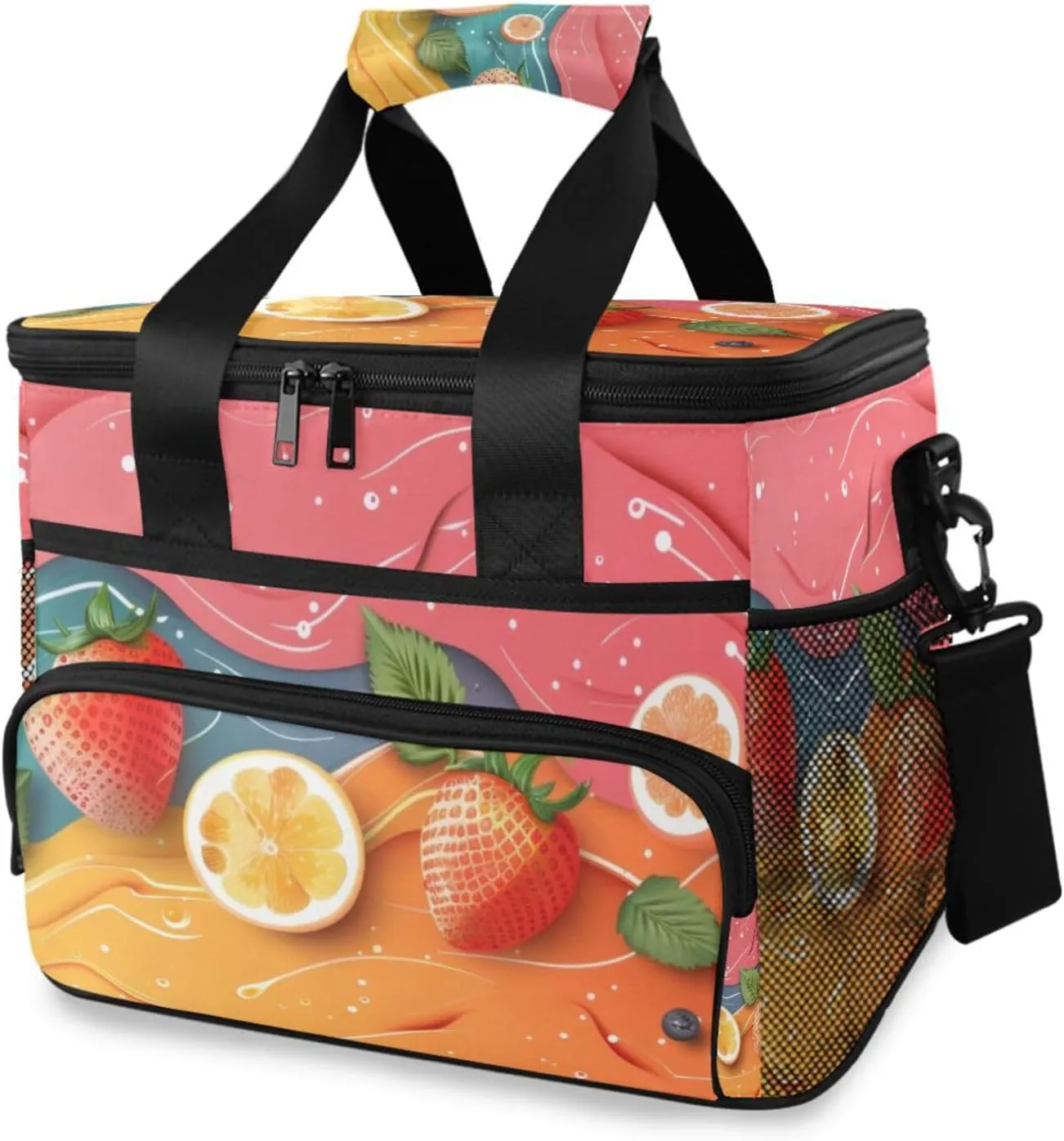 Insulated Cooler Bag 24 Cans Large Capacity Lunch Box-Colorful Abstract Fruit Print Leak Proof with Shoulder Strap for Camping Picnic