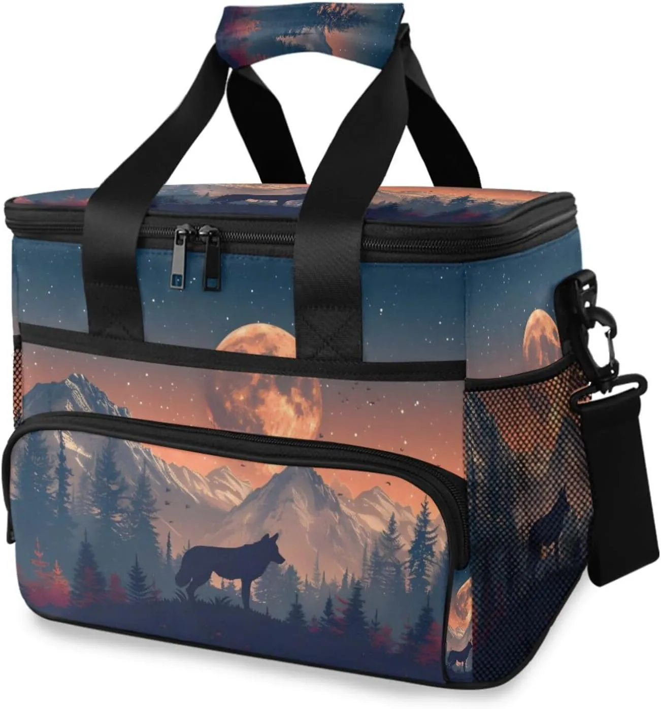 Insulated Cooler Bag 24 Cans Large Capacity Lunch Box-Shade Wolf Forest Print Leak Proof with Shoulder Strap for Camping Picnic