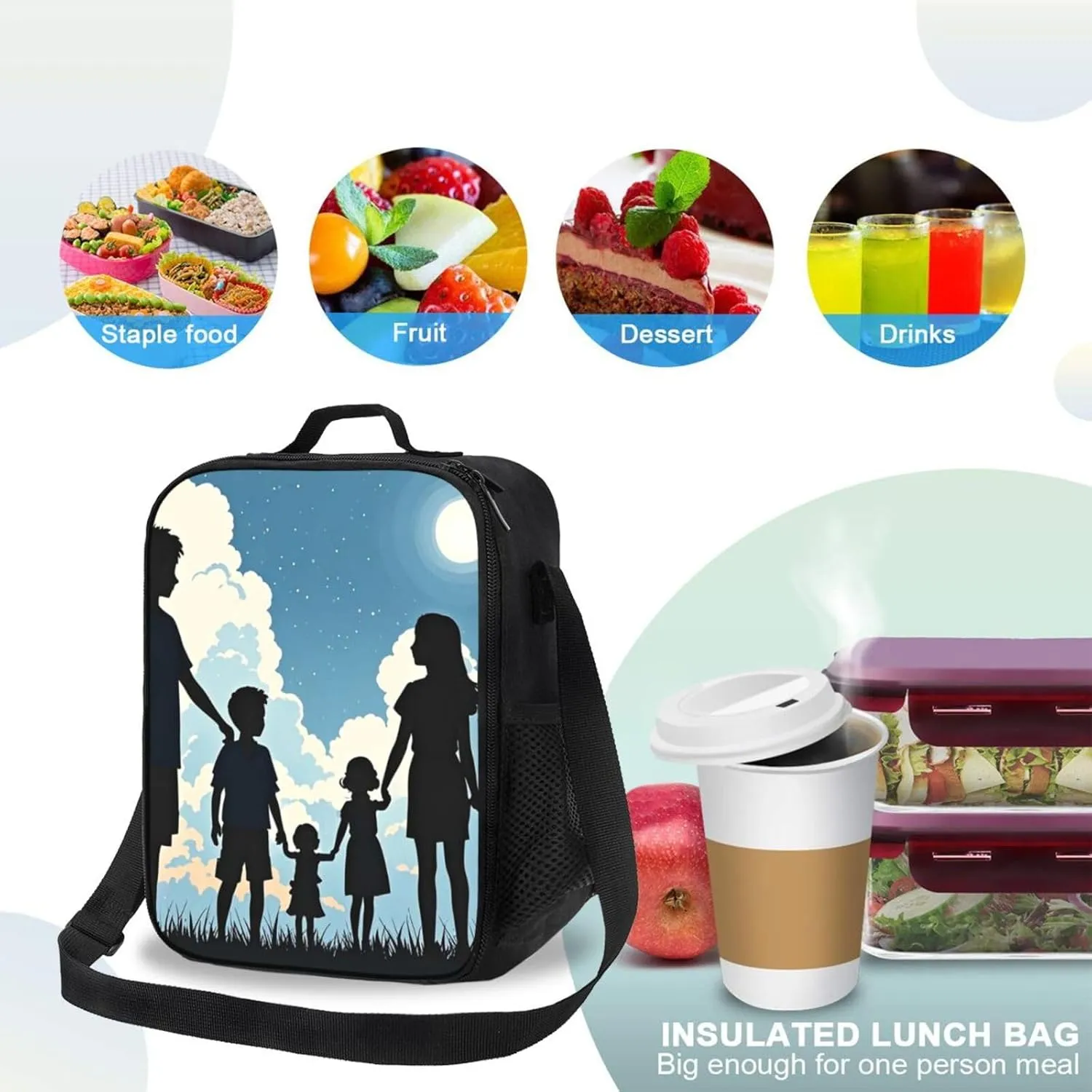 Insulated Lunch Bag Family Silhouette Lunch Box for Women Men Reusable Lunch Tote Bag for Work Picnic Travel