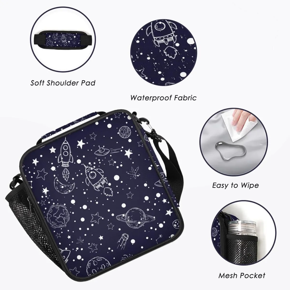 Insulated Lunch Bag for Girls - Reusable Lunch Box Water-Resistant Thermal Cooler Meal Tote Bag with Water Bottle Holder for School Picnic Travel (Universe Rocket)