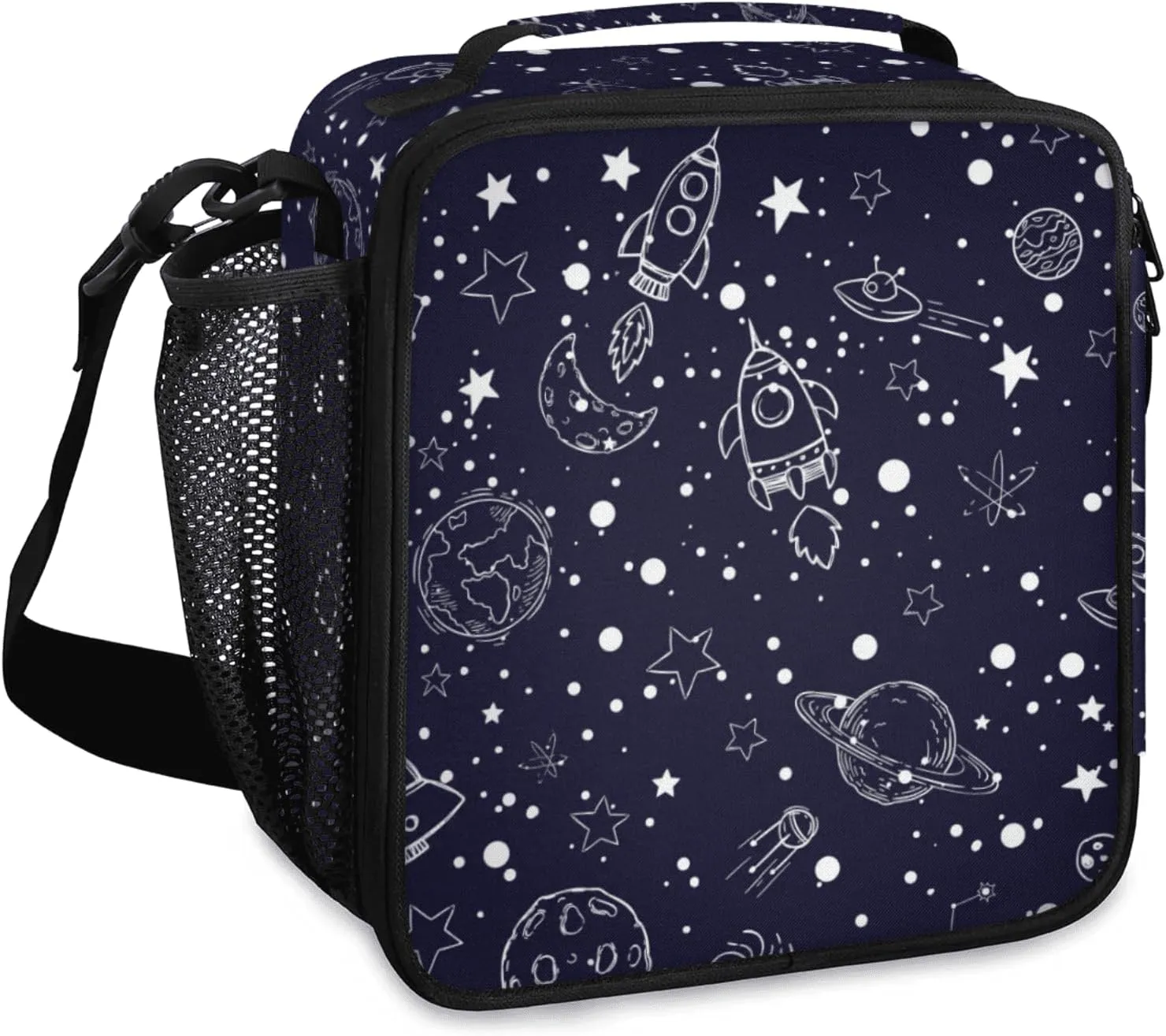 Insulated Lunch Bag for Girls - Reusable Lunch Box Water-Resistant Thermal Cooler Meal Tote Bag with Water Bottle Holder for School Picnic Travel (Universe Rocket)