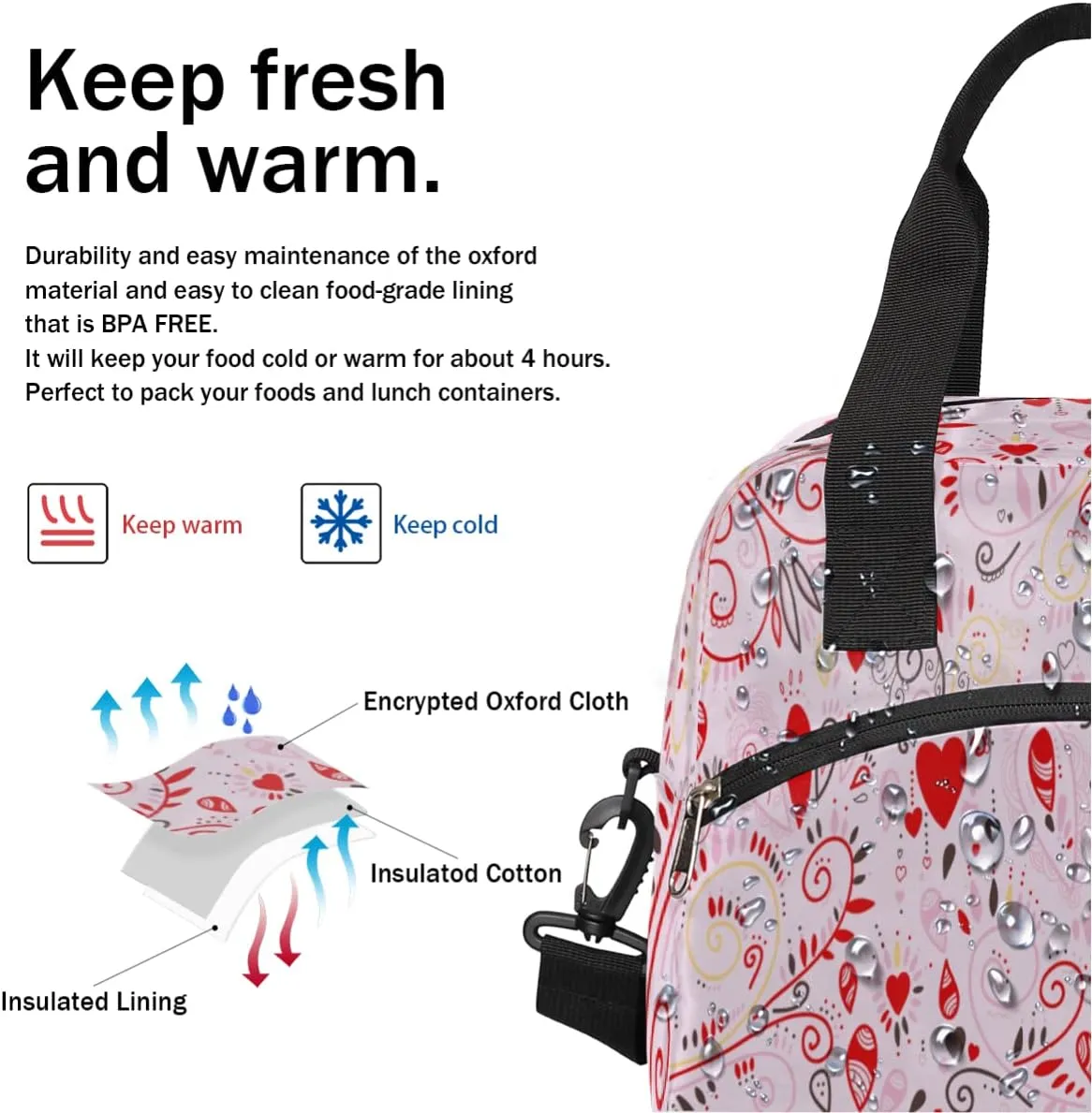 Insulated Lunch Bag for Women Men Abstraction Love Heart Leakproof Cooler Tote Bag Large Reusable Adult Lunch Box with Adjustable Shoulder Strap for Office Work Picnic Travel Beach