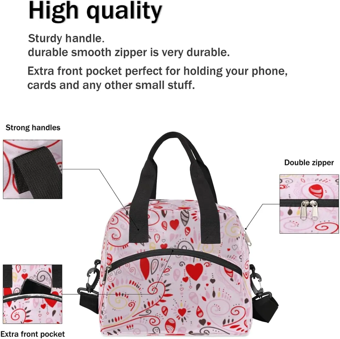 Insulated Lunch Bag for Women Men Abstraction Love Heart Leakproof Cooler Tote Bag Large Reusable Adult Lunch Box with Adjustable Shoulder Strap for Office Work Picnic Travel Beach