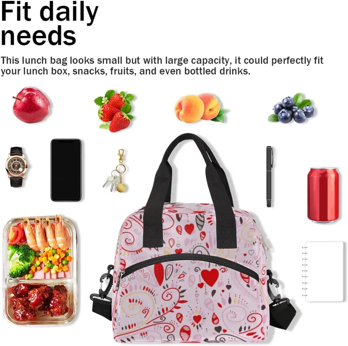 Insulated Lunch Bag for Women Men Abstraction Love Heart Leakproof Cooler Tote Bag Large Reusable Adult Lunch Box with Adjustable Shoulder Strap for Office Work Picnic Travel Beach
